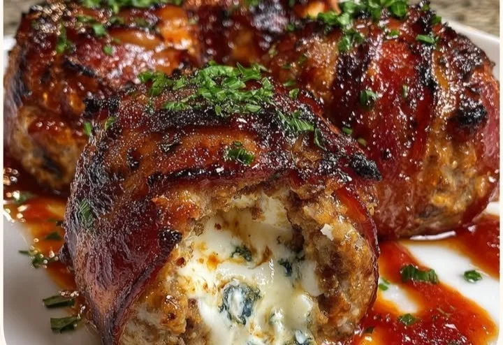 Bacon wrapped mozzarella stuffed meatballs ready to be served on a platter