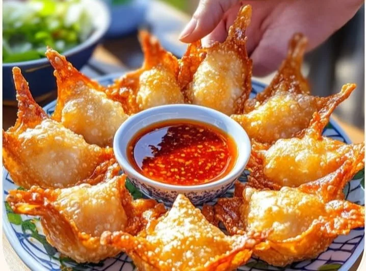 Baked crab rangoons served on a plate, showcasing their crispy texture and tasty filling.