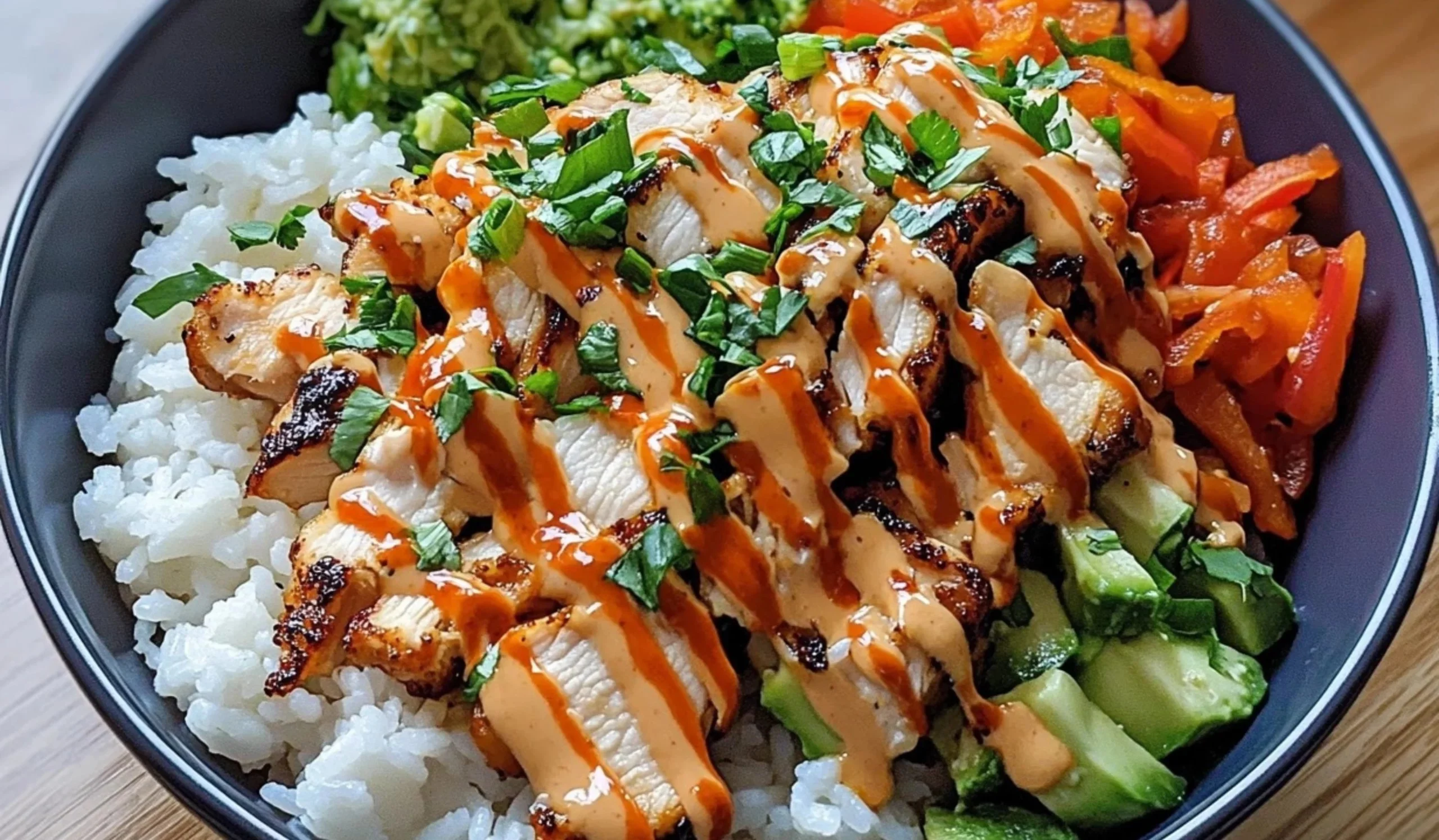 Delicious Bang Bang Chicken Bowl with vibrant vegetables and spicy sauce