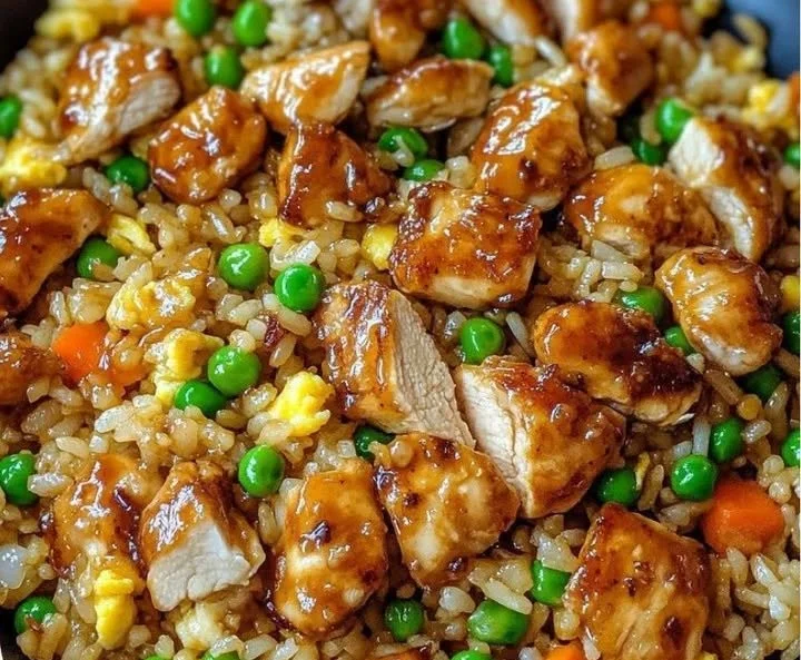 Delicious Bang Bang Chicken Fried Rice garnished with vegetables and sauce.