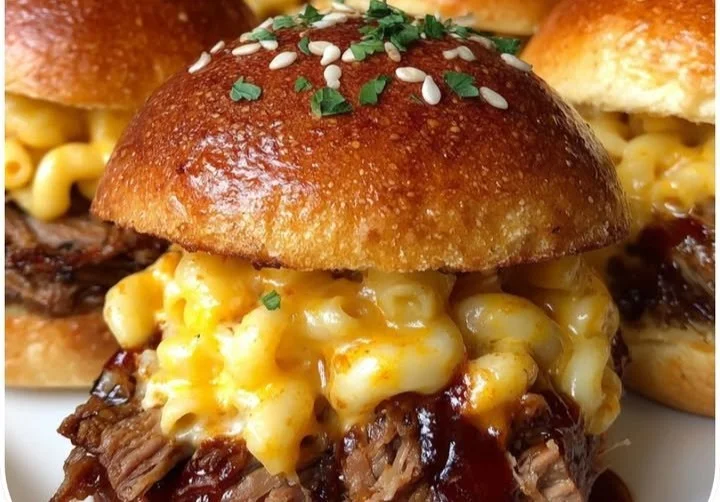 BBQ pulled beef mac and cheese sliders served on a platter