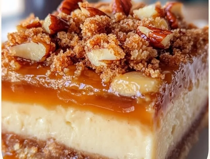 Caramel Apple Cheesecake Bars with Buttery Pecan Crumble, a delicious dessert treat.