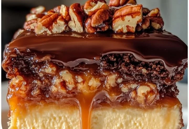 Caramel Pecan Boston Cream Pie Cheesecake topped with chocolate and pecans