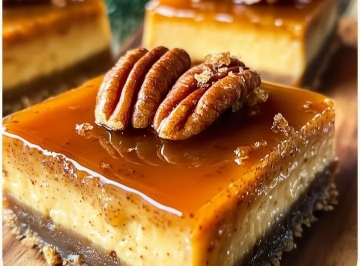 Caramel pecan gingerbread cheesecake bars topped with caramel and pecans