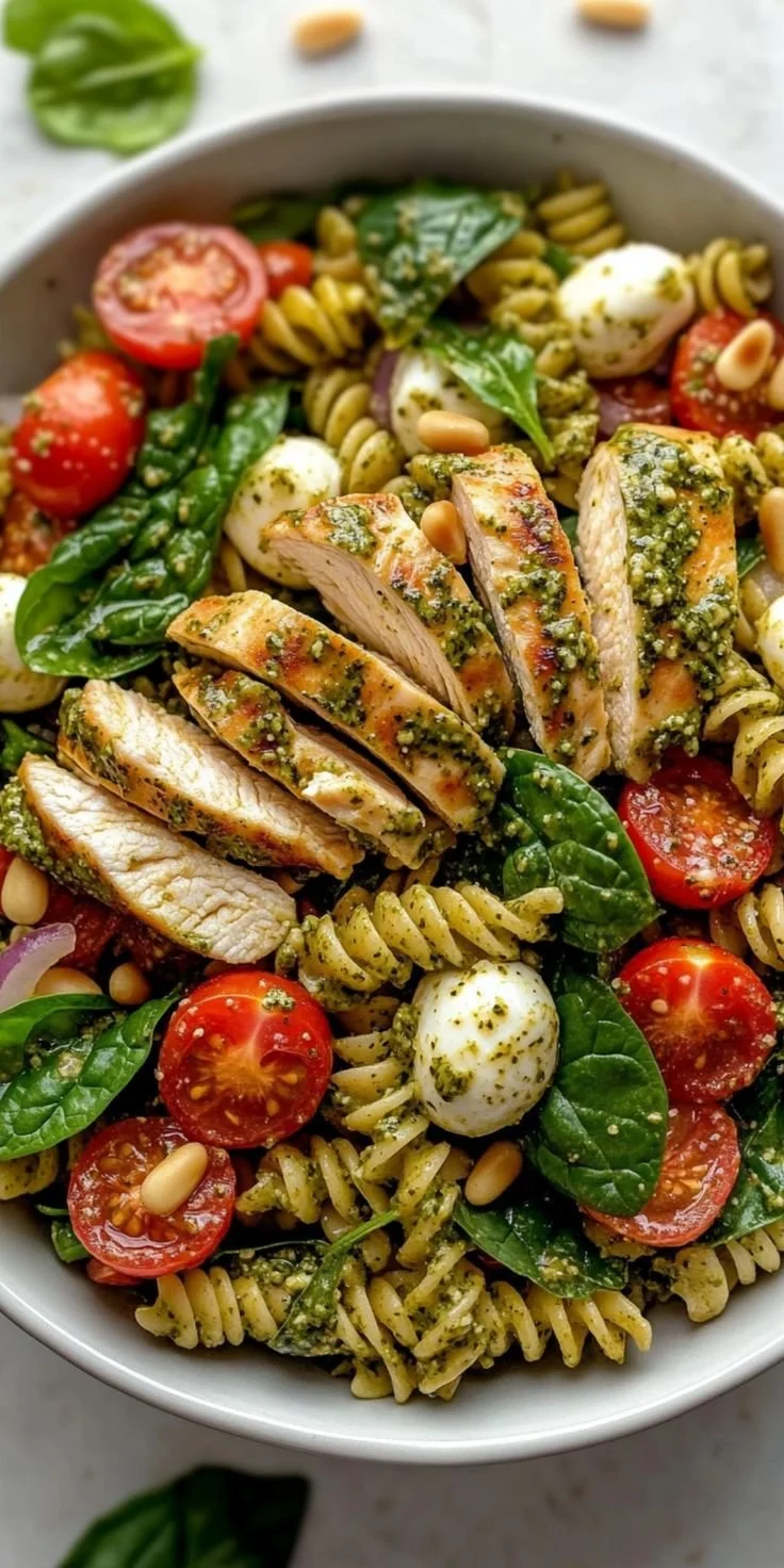 Delicious Chicken Pesto Pasta Salad with fresh ingredients