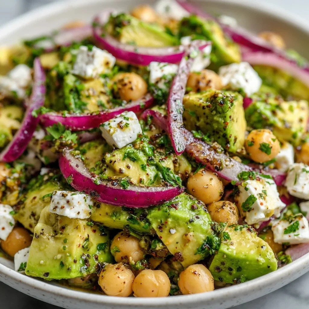 Chickpea Feta Avocado Salad with fresh ingredients on a plate