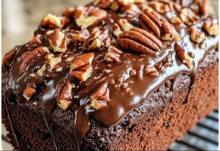 Delicious Chocolate Banana Pecan Bread topped with smooth ganache