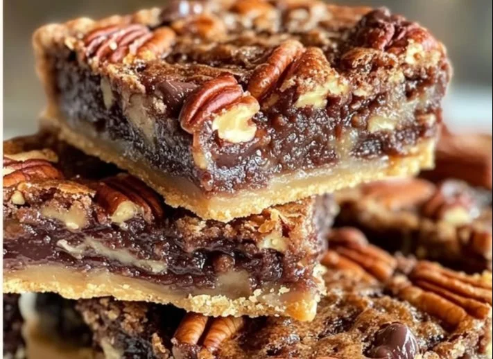 Delicious chocolate chip pecan pie bars topped with chocolate and pecans