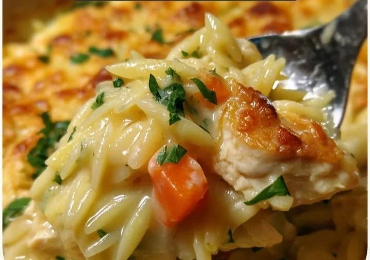 Creamy chicken pot pie orzo prepared in a warm bowl, garnished with herbs.