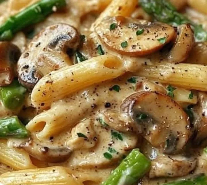 Creamy mushroom and asparagus chicken penne served in a bowl