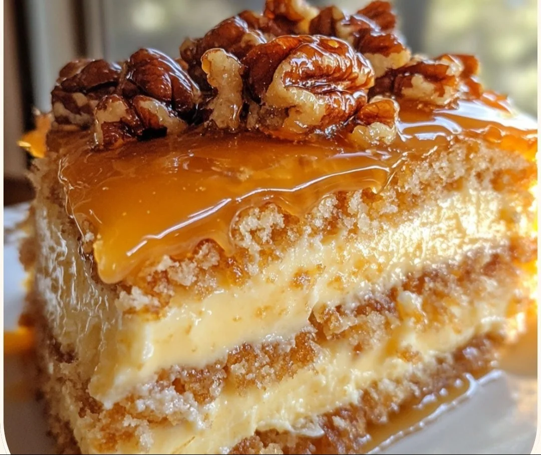 Delicious creme brulee caramel pecan cake topped with a crispy caramel layer