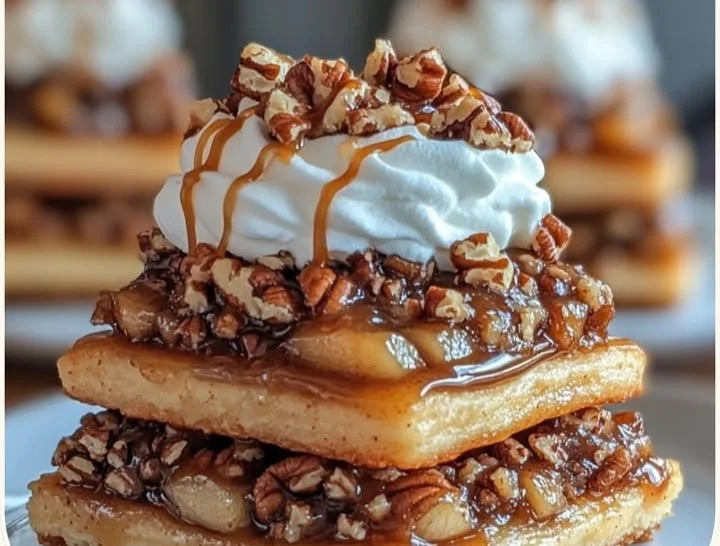 Delicious Crunch Me Caramel Pecan Apple Pie Cookie Bars with caramel drizzle.