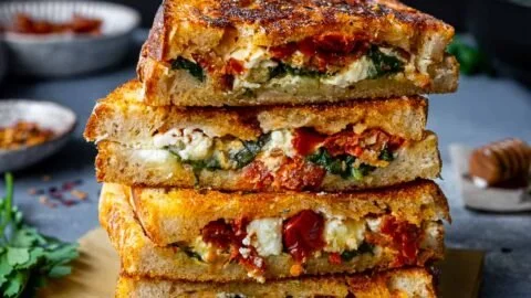 Feta Grilled Cheese Sandwich with Spinach served on a plate