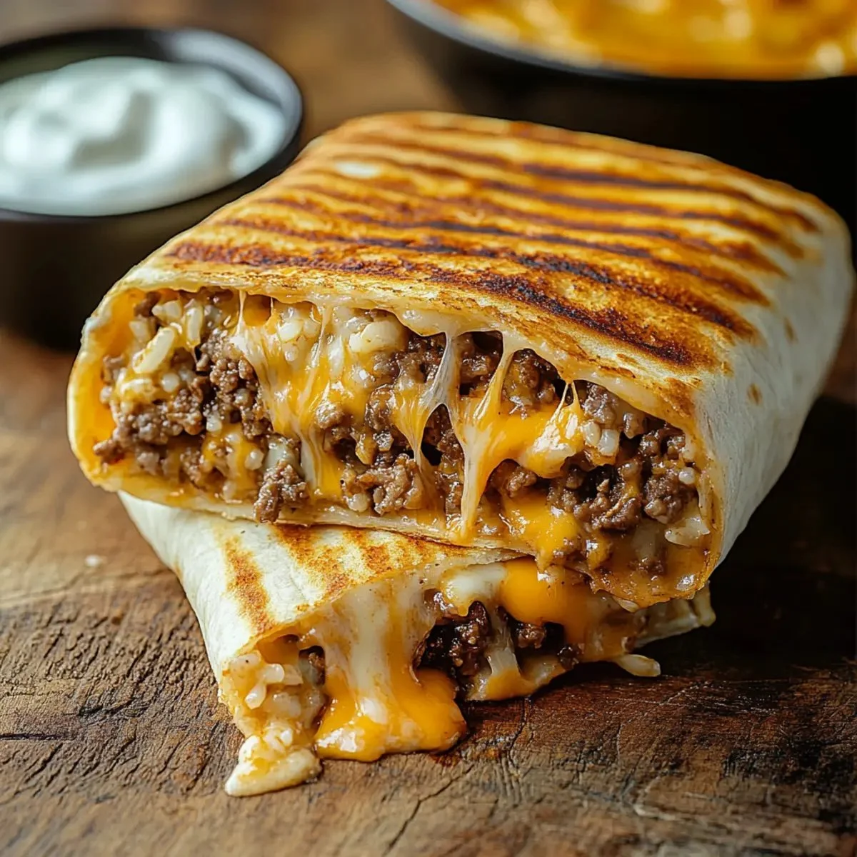 Delicious grilled cheese burrito with melted cheese and crispy tortilla