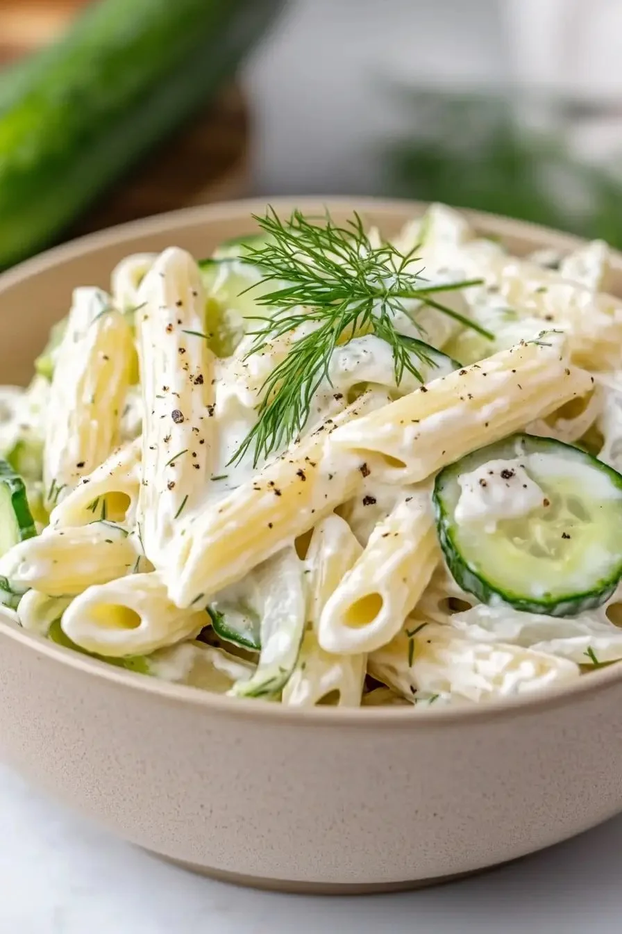 Healthy cucumber pasta salad with fresh vegetables and herbs