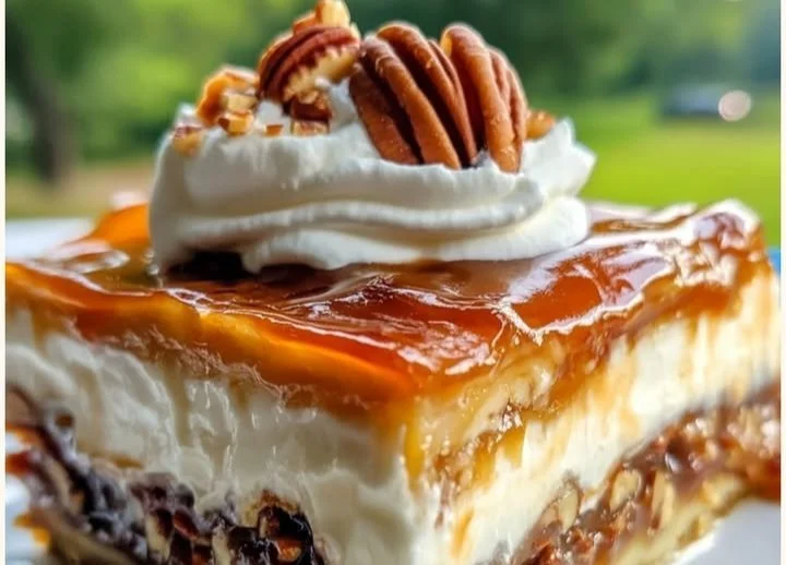 No-bake pecan pie lasagna layered dessert with pecans and creamy filling
