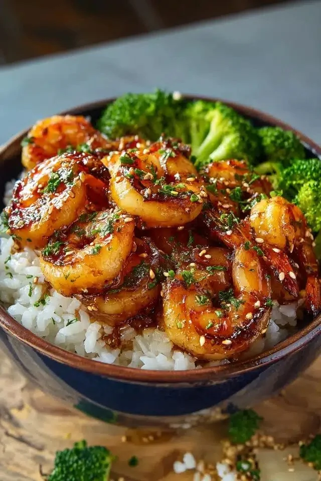 Delicious Honey Garlic Shrimp Bowls with vegetables and rice