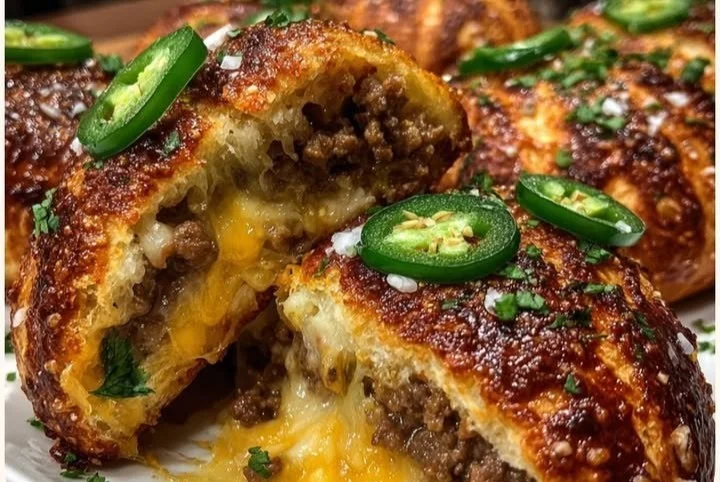 Jalapeño cheeseburger stuffed pretzel bites on a plate