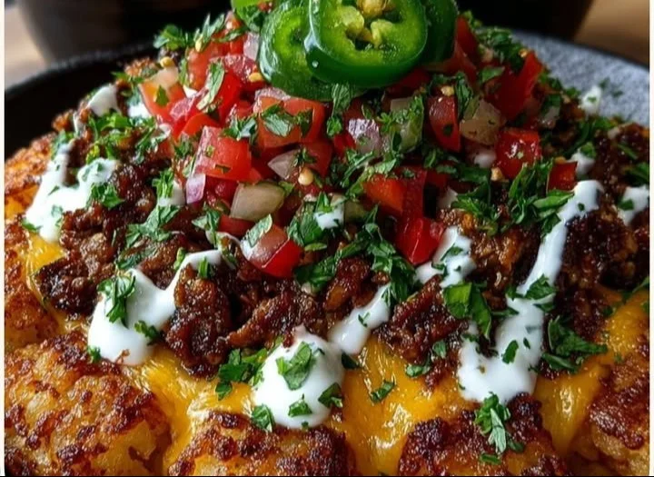 Delicious loaded nacho tater tot skillet topped with cheese and jalapeños