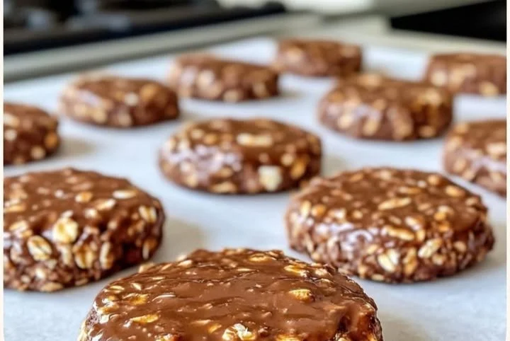No-Bake PB2 Chocolate Pecan Oatmeal Cookies on a wooden table
