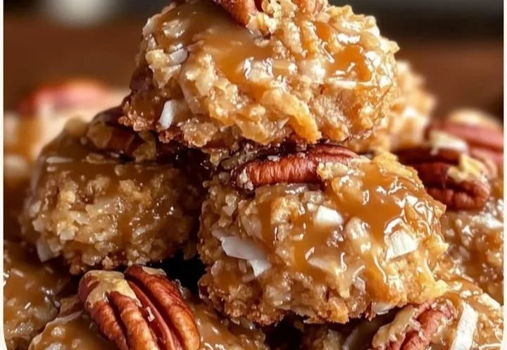No bake pecan coconut praline cookies stacked on a plate