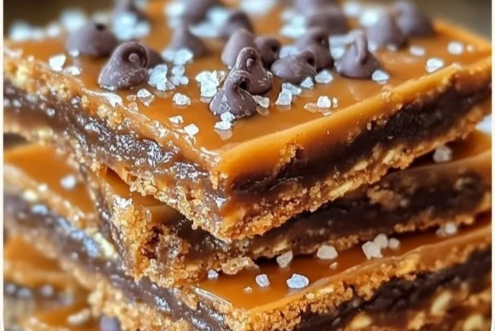 No-bake salted caramel pretzel bars with chocolate drizzle and pretzel topping