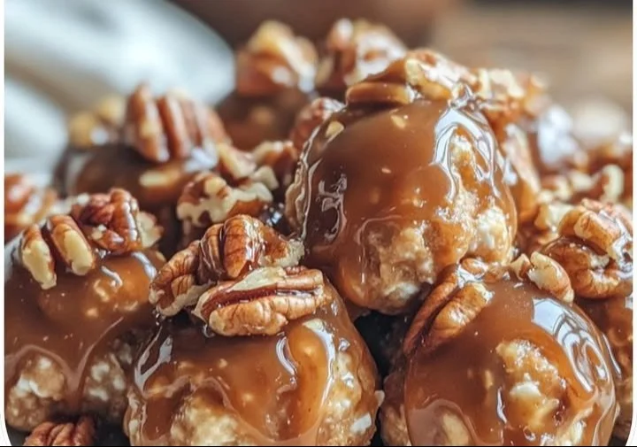 Pecan Cottage Cheese Peanut Butter Bites on a wooden platter