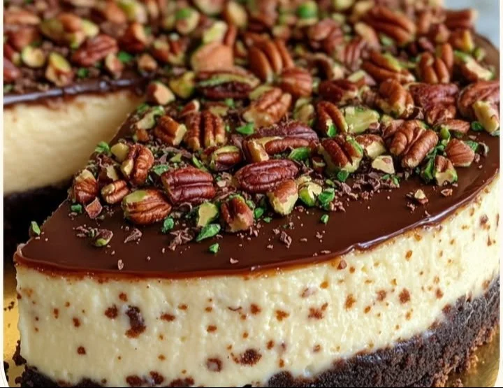 Slice of Pecan Dubai Chocolate Pistachio Cheesecake garnished with nuts