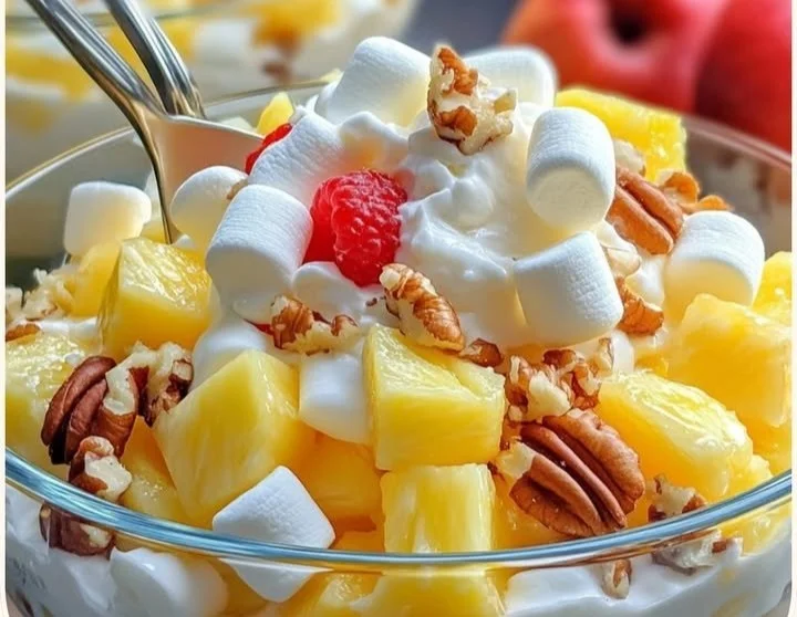 Delicious Pecan Pineapple Fluff Salad served in a bowl with fresh ingredients.