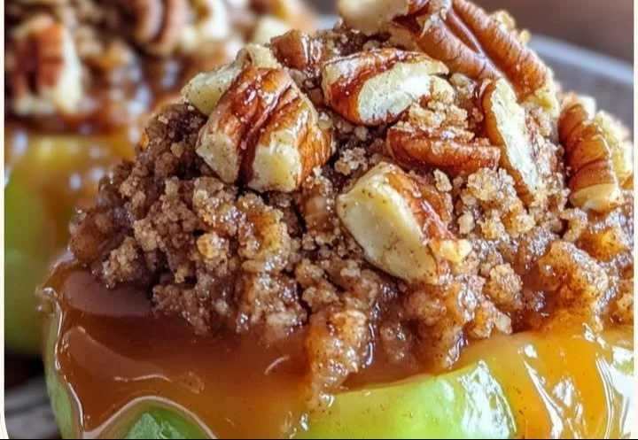 Pecan pumpkin pie stuffed baked apples, a delightful fall dessert.