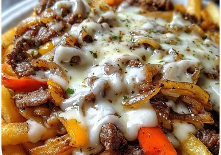 Delicious Philly Steak Cheese Fries topped with savory steak and melted cheese.