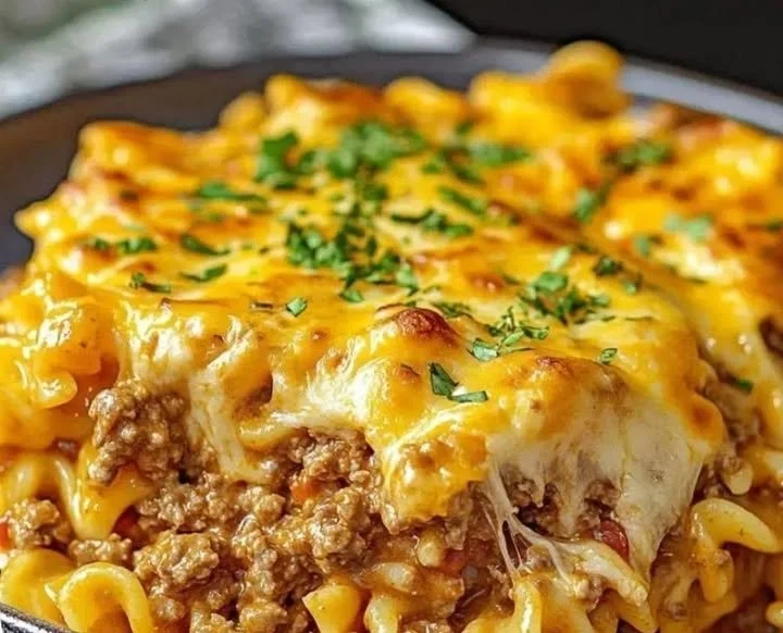 Delicious Poor Man Husband Casserole served in a baking dish with cheesy topping