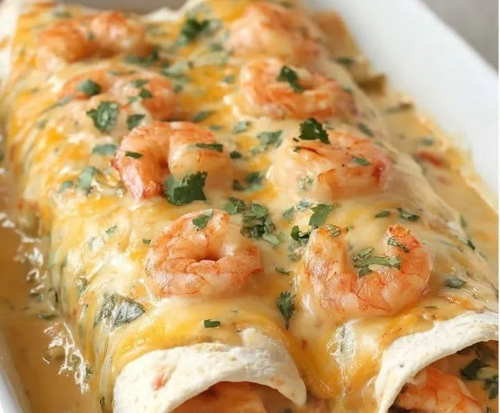 Plate of shrimp enchiladas topped with a creamy sauce garnished with cilantro