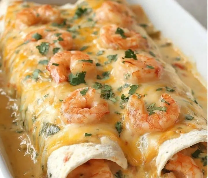 Delicious shrimp enchiladas drizzled with creamy sauce, served on a plate.