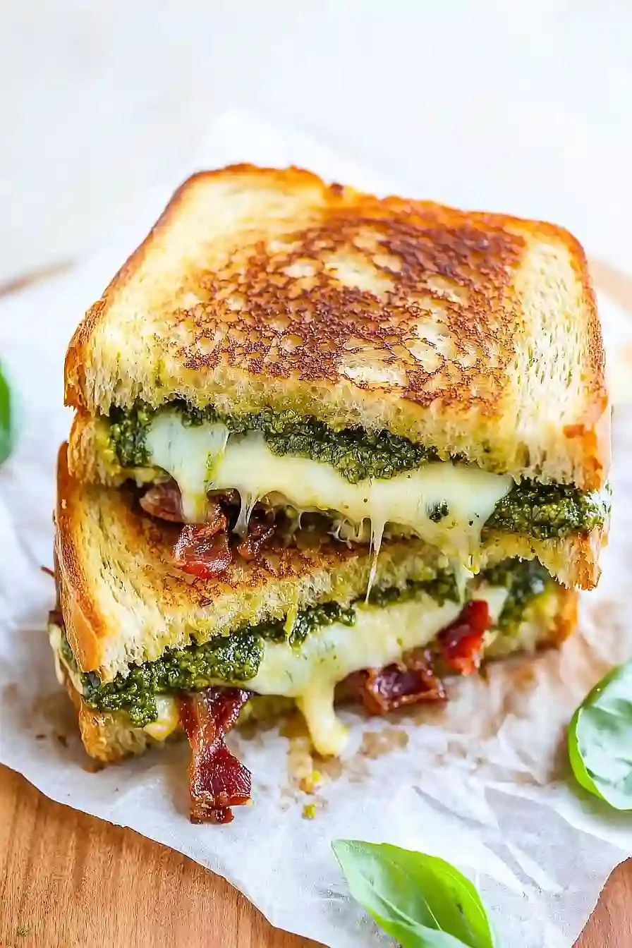 Sourdough pesto grilled cheese sandwich with melted cheese and fresh basil