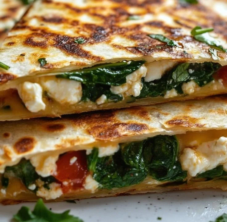 Spinach and feta quesadillas served on a plate with fresh herbs