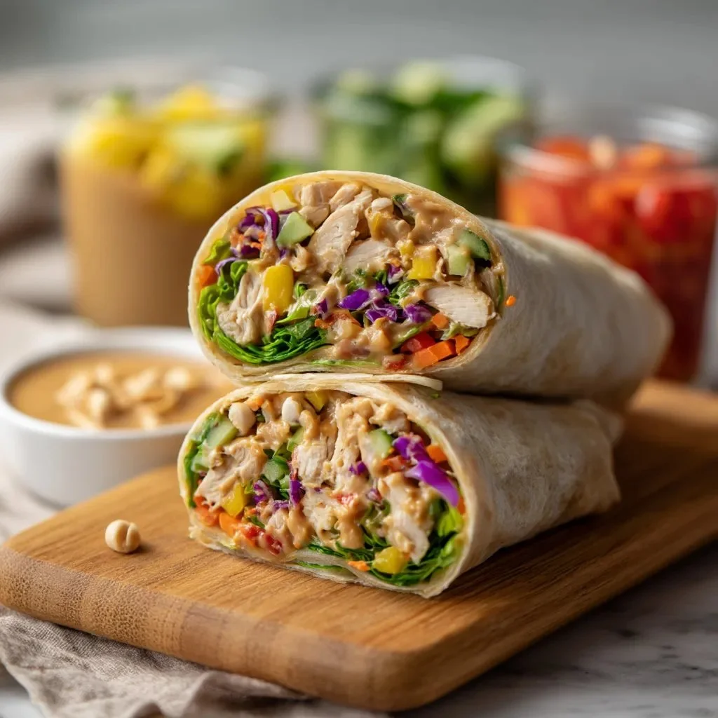 Thai Peanut Chicken Wraps with fresh vegetables and savory peanut sauce
