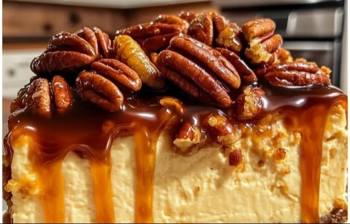 Thick Caramel Pecan Cheesecake topped with caramel and pecans