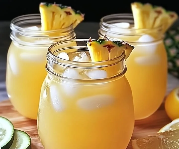Tropical Pineapple Lemonade Punch served in a glass with garnishes