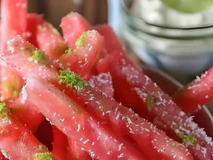 Watermelon fries served with a coconut lime dip for a refreshing snack.