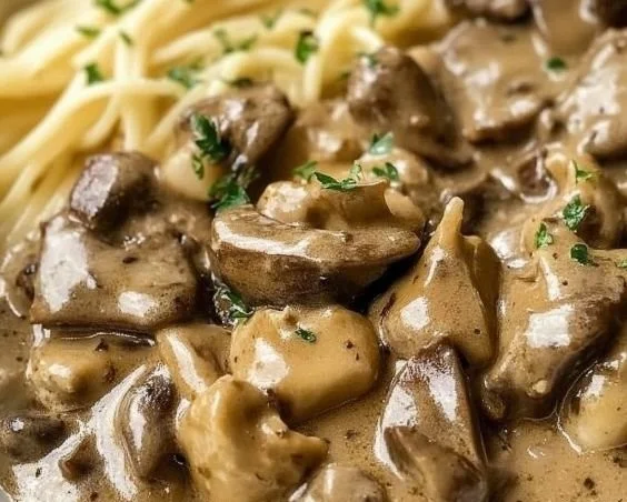 Delicious homemade Beef Stroganoff served with noodles