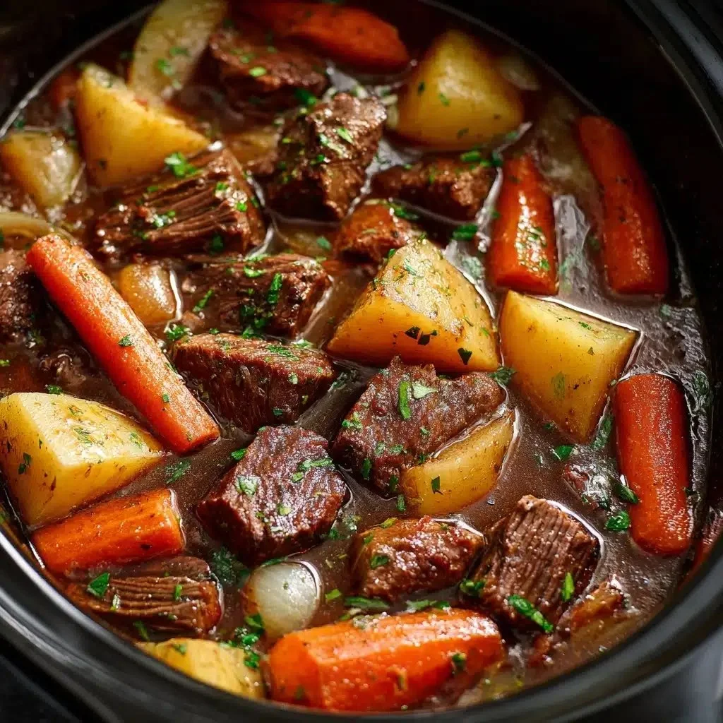 Crock Pot beef stew with vegetables and herbs in a rustic bowl