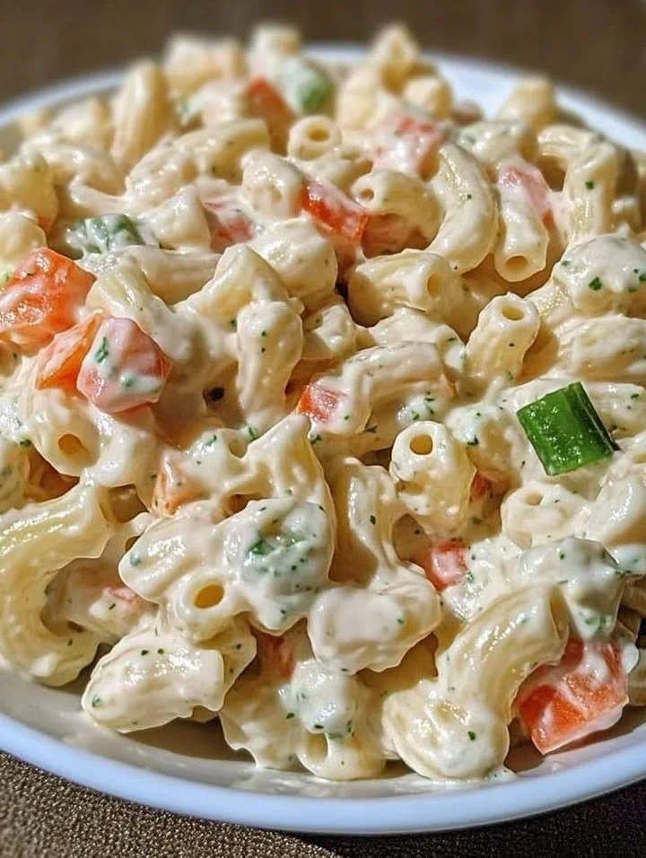 Bowl of easy macaroni salad with colorful veggies and creamy dressing