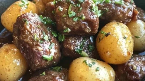 Delicious garlic butter beef bites served on a plate.