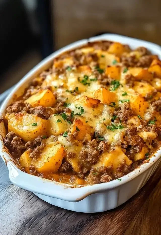 A hearty serving of Hobo Casserole with vegetables and meat in a baking dish