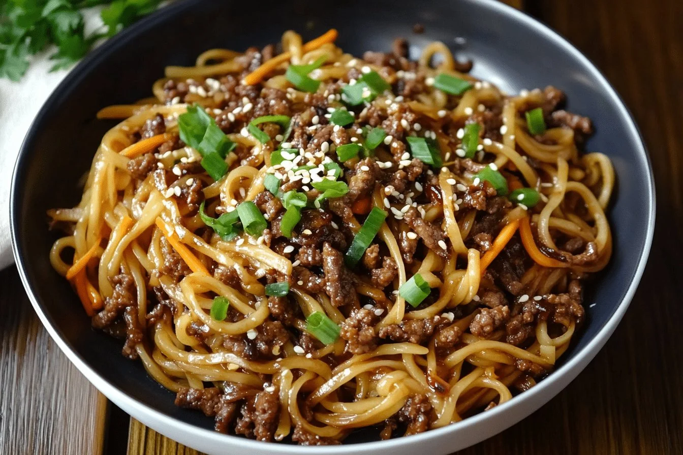 Delicious Mongolian Beef with Noodles in a savory sauce
