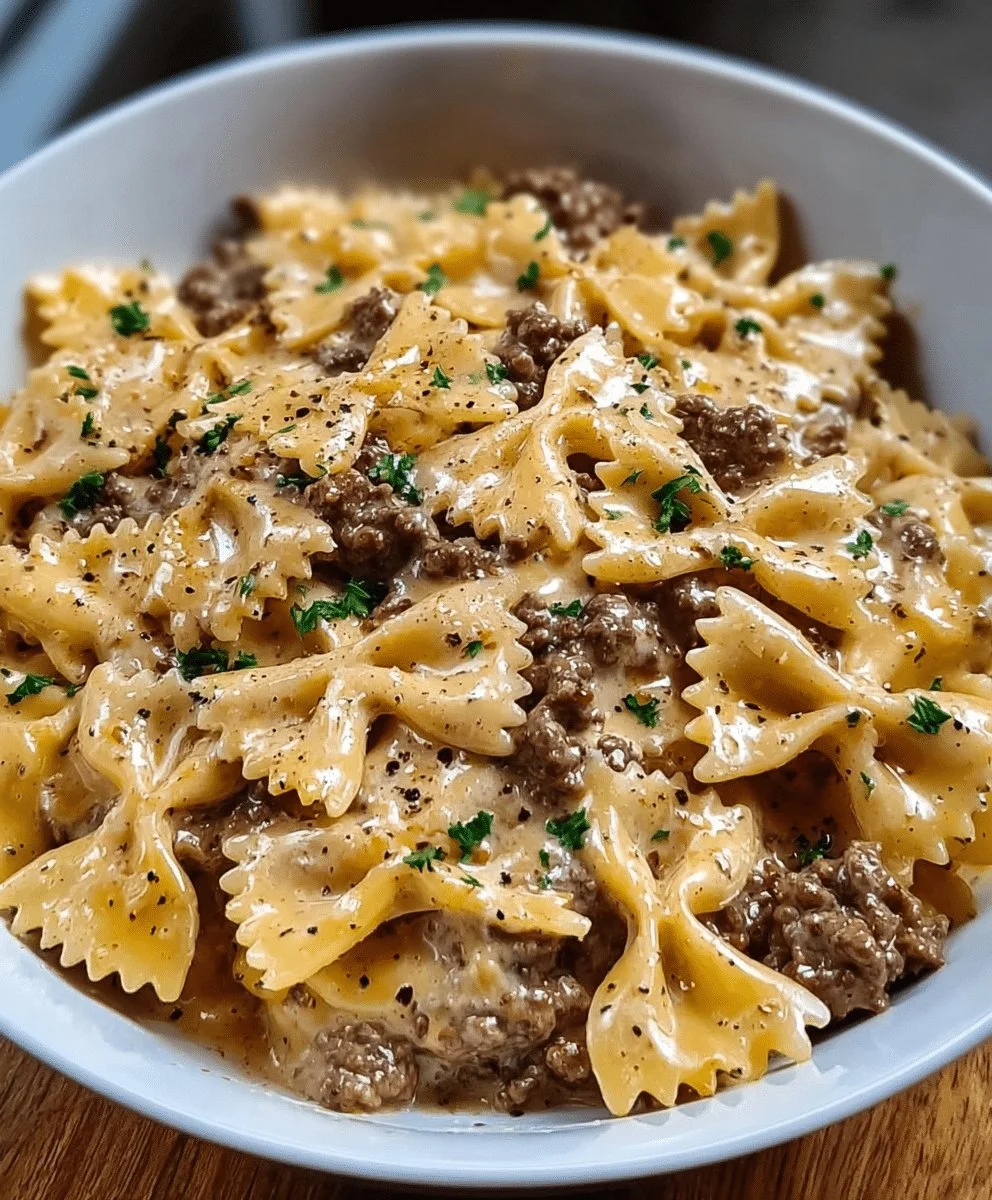 Parmesan Garlic Beef Bowtie Pasta served in a bowl with herbs and cheese.