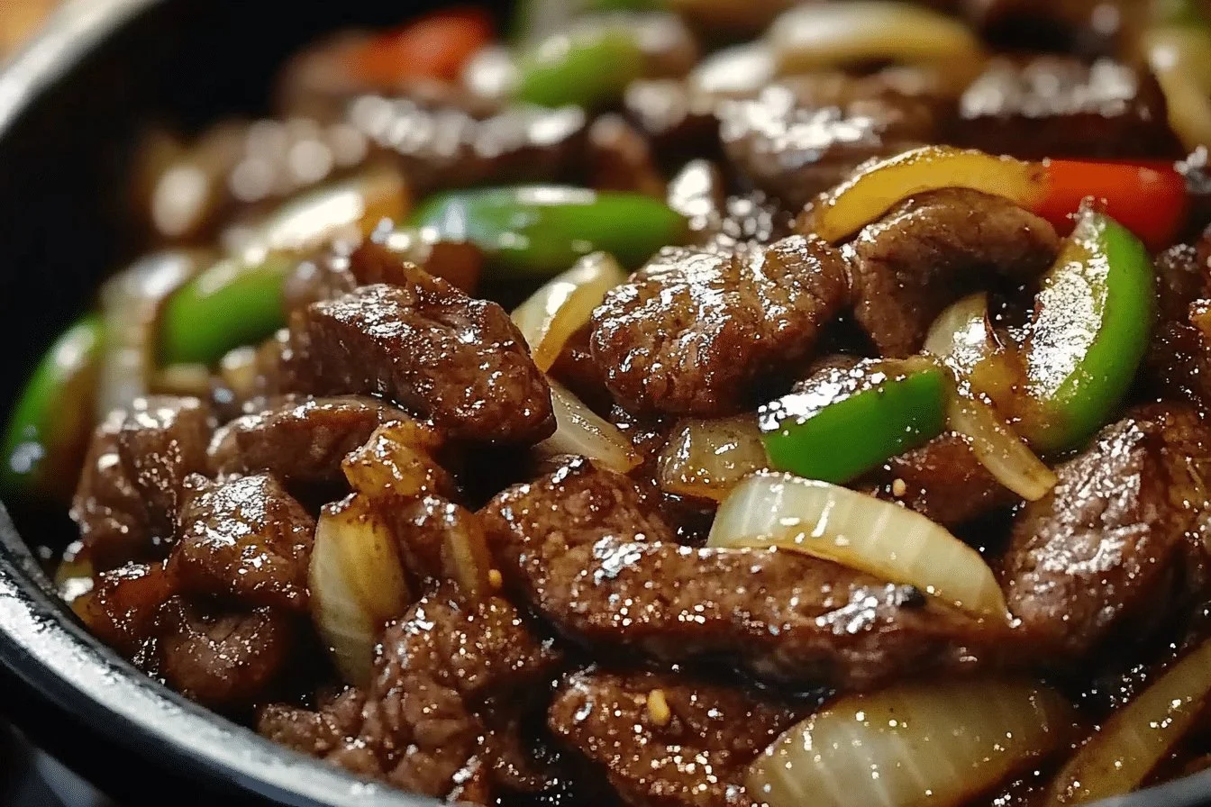 Sizzling Chinese pepper steak served with colorful bell peppers and rice