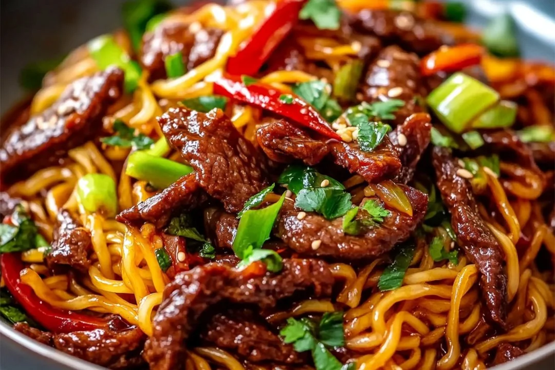 Delicious sticky beef noodles garnished with fresh herbs