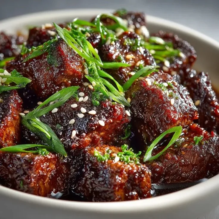 Delicious sweet and sticky steak bites served in a bowl